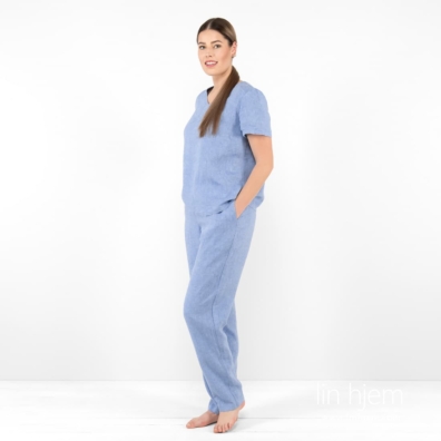 Lin bukse vevd av lyseblått og blått garn, melange