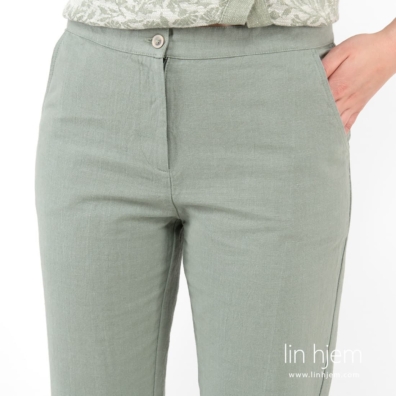Grønnaktig lin-bomull bukse med sidelommer