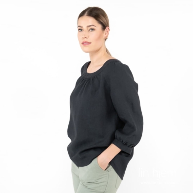 FREDA svartblå linbluse med 3/4 raglan-ermer