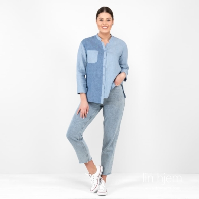 UMBER blå linbluse med lange ermer