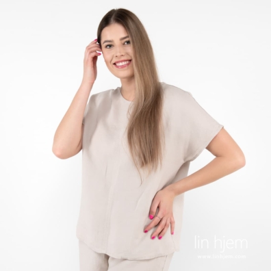 DARREN beige linbluse med rund hals, korte ermer