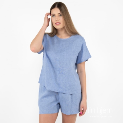 DARREN blå linbluse med rund hals