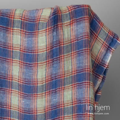 Gjennomsiktig linstoff i blå og oransje ruter vasket, mykt, skånsomt