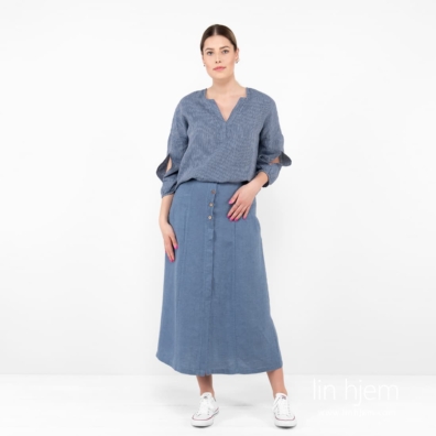 CAPETOWN blått linskjørt, lang, utsvingt silhuett