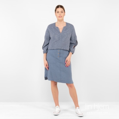 TIFA blått linskjørt vevd av gråblått og mørkeblått-grått garn, melange