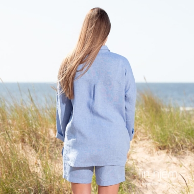 DOLFI blå linbluse, rett løs silhuett
