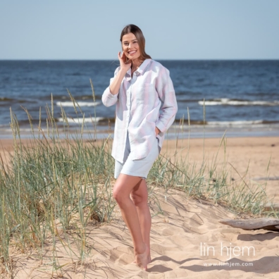 DOLFI stripet linbluse, stoff vevd av rosa, grålilla, grønn (mynte), lyseblått, hvitt lin og sølv polyestergarn