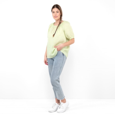 MELISA lysegrønn linbluse med transparente og tett vevde ruter