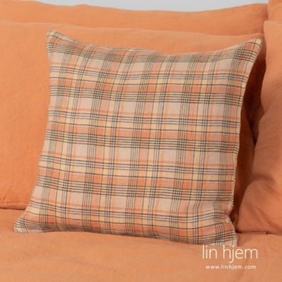 SAN DIEGO lin-bomull sengesett grå oransje melange og brunlig rutete dekorativ putetrekk