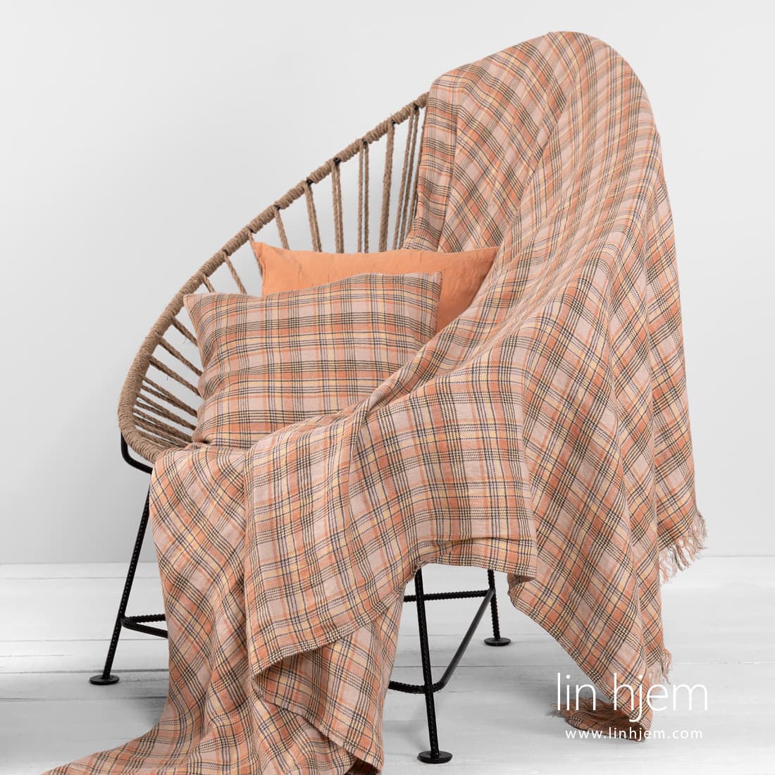 DIEGO lin pledd brunlig rutete, spesielt vasket, mykt, skånsomt