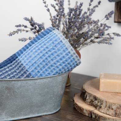 BINGO lin-bomull håndkle blå rutete, spesielt vasket, mykt, skånsomt