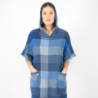 BINGO lin-bomull poncho blå rutete med lommer
