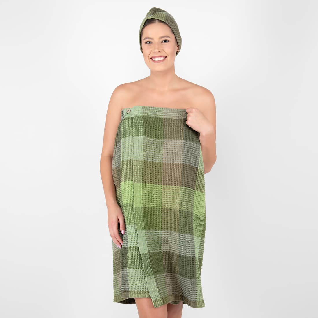 BINGO lin-bomull wrap håndkle i fargen mose rutete, "vaffel"