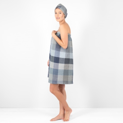 BINGO lin-bomull wrap håndkle blåaktig grå rutete i "vaffel" mønster er ekstremt mykt, skånsomt og behagelig mot huden