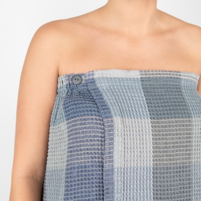 BINGO lin-bomull wrap håndkle blåaktig grå rutete festes med en knappe