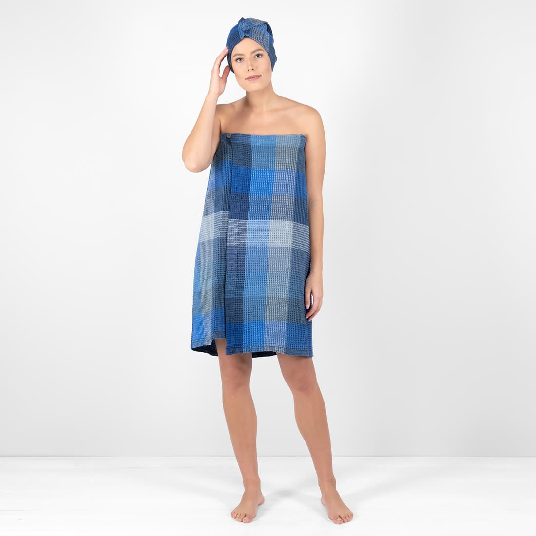 BINGO lin wrap håndkle blå rutete