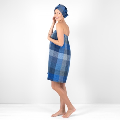 BINGO lin-bomull wrap håndkle blå rutete i "vaffel" mønster er ekstremt mykt, skånsomt og behagelig mot huden