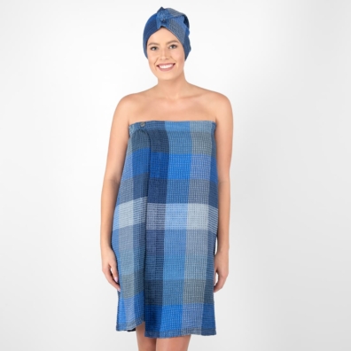 BINGO lin-bomull wrap håndkle blå rutete i "vaffel" mønster