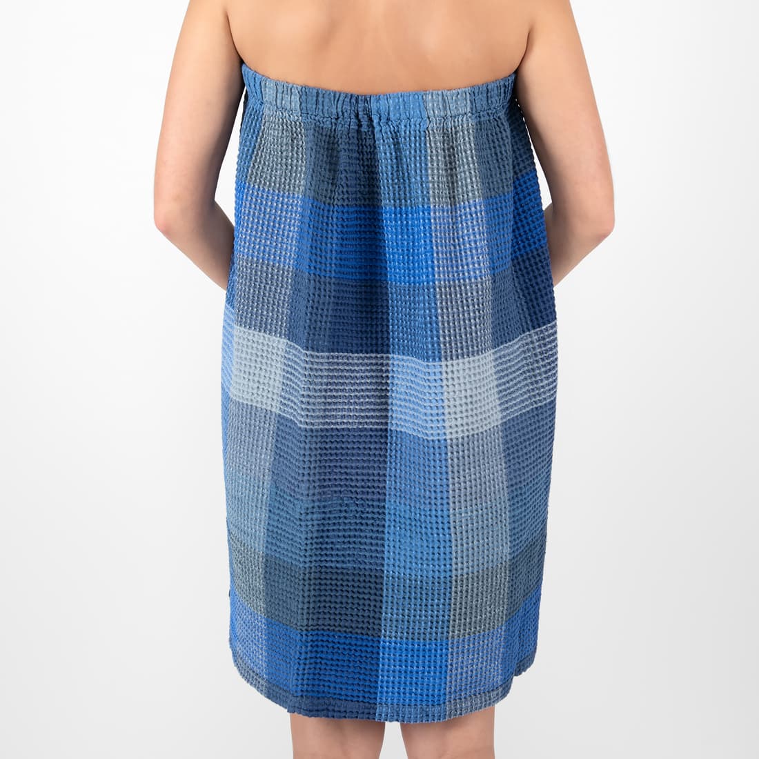 BINGO lin-bomull wrap håndkle blå rutete med bred gummi på baksiden