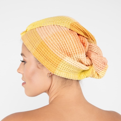 BINGO lin-bomull hårhåndkle oransje-gul rutete, "vaffel"