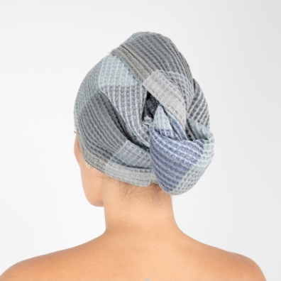 BINGO lin-bomull hårhåndkle blåaktig grå rutete, "vaffel"