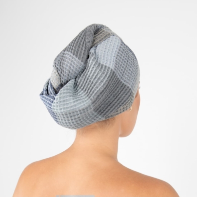 BINGO lin-bomull hårhåndkle blåaktig grå rutete festes med en knappe