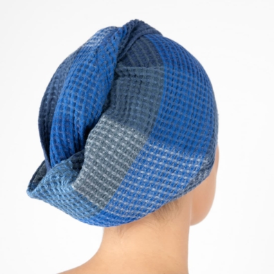 BINGO lin-bomull hårhåndkle blå rutete, "vaffel"