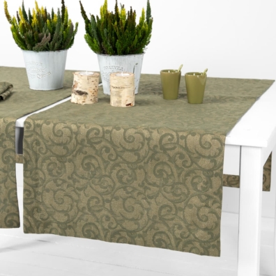 ATLANTA grågrønn lin-bomull bordløper med en gylden glans, jacquard