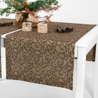 ATLANTA brun lin-bomull bordløper med en gylden glans, jacquard