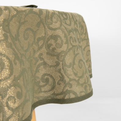 ATLANTA rund (oval) grågrønn lin-bomull duk med en gylden glans