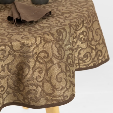 ATLANTA rund (oval) brun lin-bomull duk med 1cm bred mørkebrun kantel