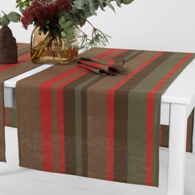 MIMOSA grønn-rød-brun stripete lin-bomull bordløper