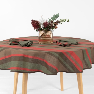 MIMOSA rund, oval grønn-rød-brun stripete lin-bomull duk
