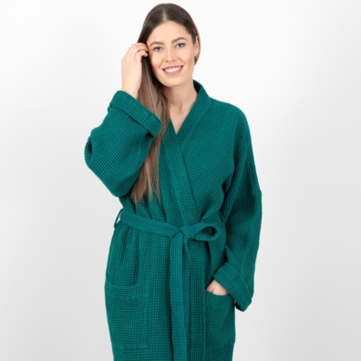 NIDA lin-bomull morgenkåpe smaragdgrønn bundet med et belte