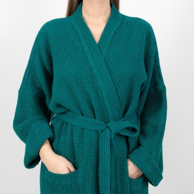 NIDA lin-bomull morgenkåpe smaragdgrønn med lommer foran