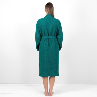'Vaffel" lin-bomull morgenkåpe smaragdgrønt - mørkt turkis melert