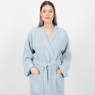 NIDA lin-bomull morgenkåpe i isfarge bundet med et belte
