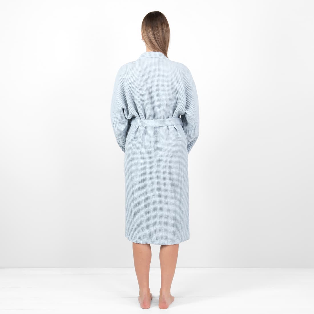 'Vaffel" lin-bomull morgenkåpe blågrått-blågrønnaktig melert