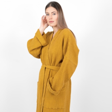 NIDA lin-bomull morgenkåpe sennepsfarget