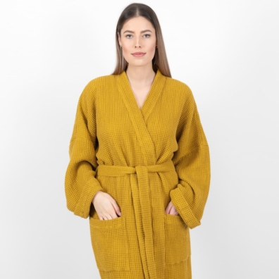 NIDA lin-bomull morgenkåpe sennepsfarget med lommer foran