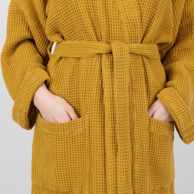 NIDA lin-bomull morgenkåpe sennepsfarget "vaffel"