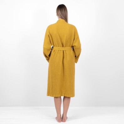 NIDA lin-bomull morgenkåpe sennepsfarget, spesielt vasket, mykt, skånsomt