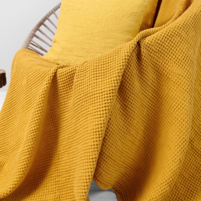 Lin-bomull pledd sennepsfarget i "vaffel" mønster mykt, skånsomt