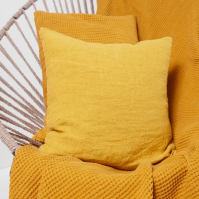 Lin-bomull pledd sennepsfarget i "vaffel" mønster