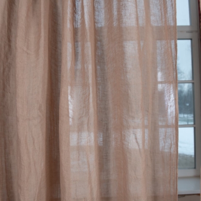 Brunaktig lin gardin, ensfarget vev, gjennomsiktig, løstvevd, lett stoff