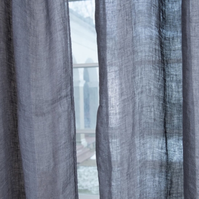 Mørk grå lin gardin, ensfarget vev, gjennomsiktig, løstvevd, lett stoff