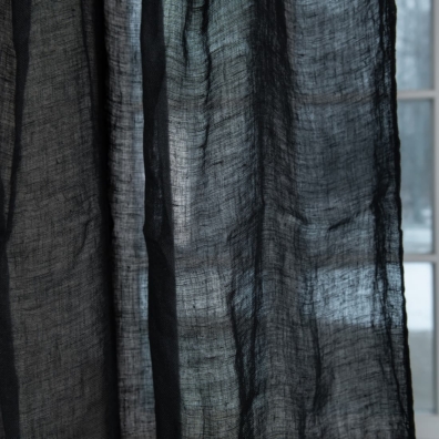 Svart lin gardin, ensfarget vev, gjennomsiktig, løstvevd, lett stoff