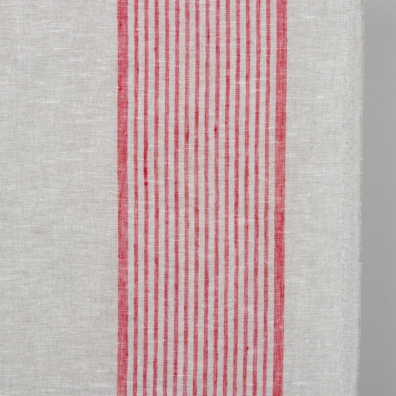 Håndkle linstoff vevd av melkehvit (gulhvit), naturfarget (ufarget, brungrått) og skarlagenrødt garn