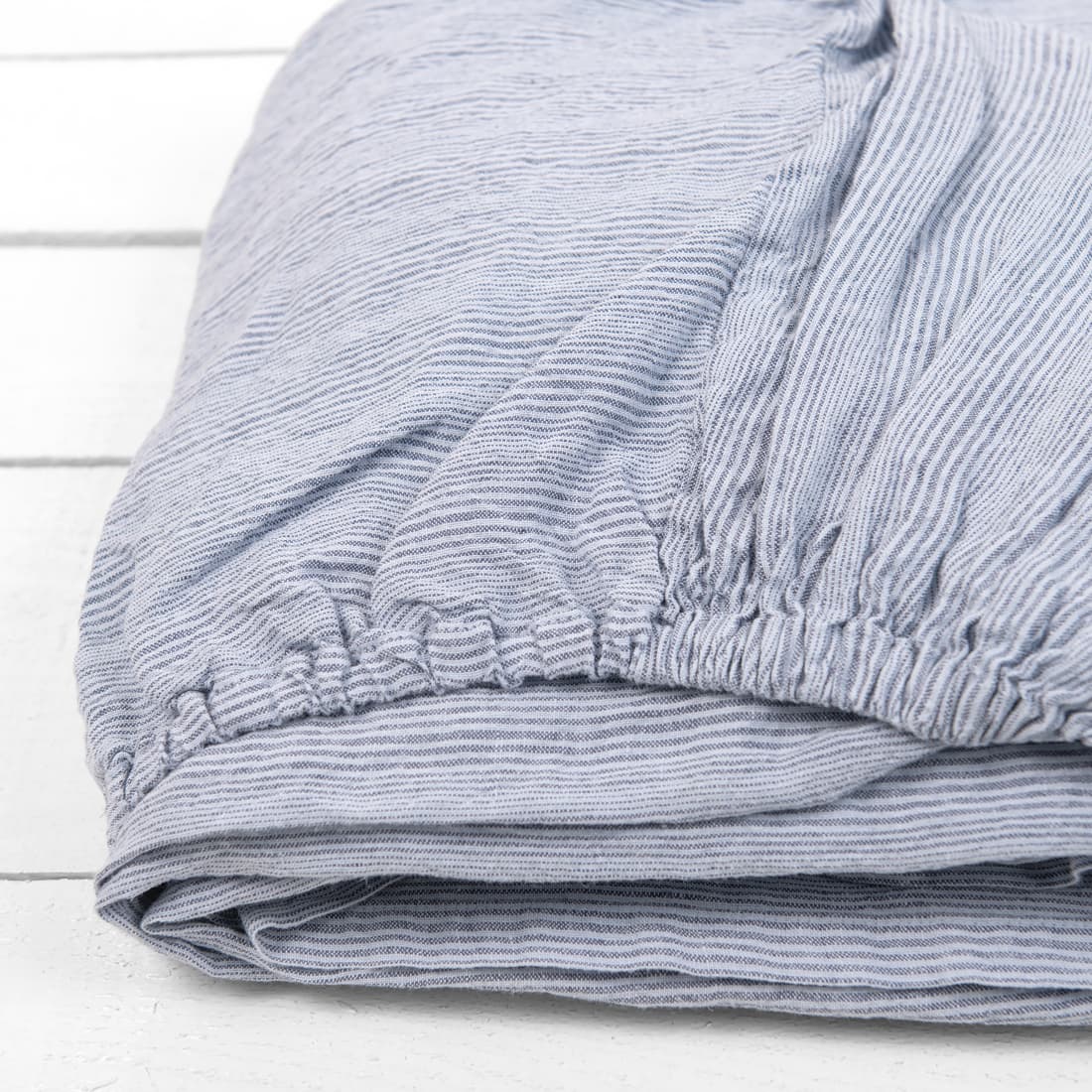 DOVI lin stretchlaken blågrått stripete spesielt vasket, mykt, skånsomt