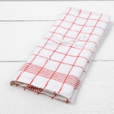 Lin kjøkkenhåndkle med flammerøde ruter vasket
